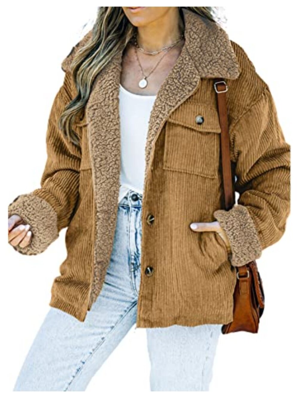 Corduroy Sherpa Jacket Women Button Down Fleece Fur Collar Winter Warm Coat